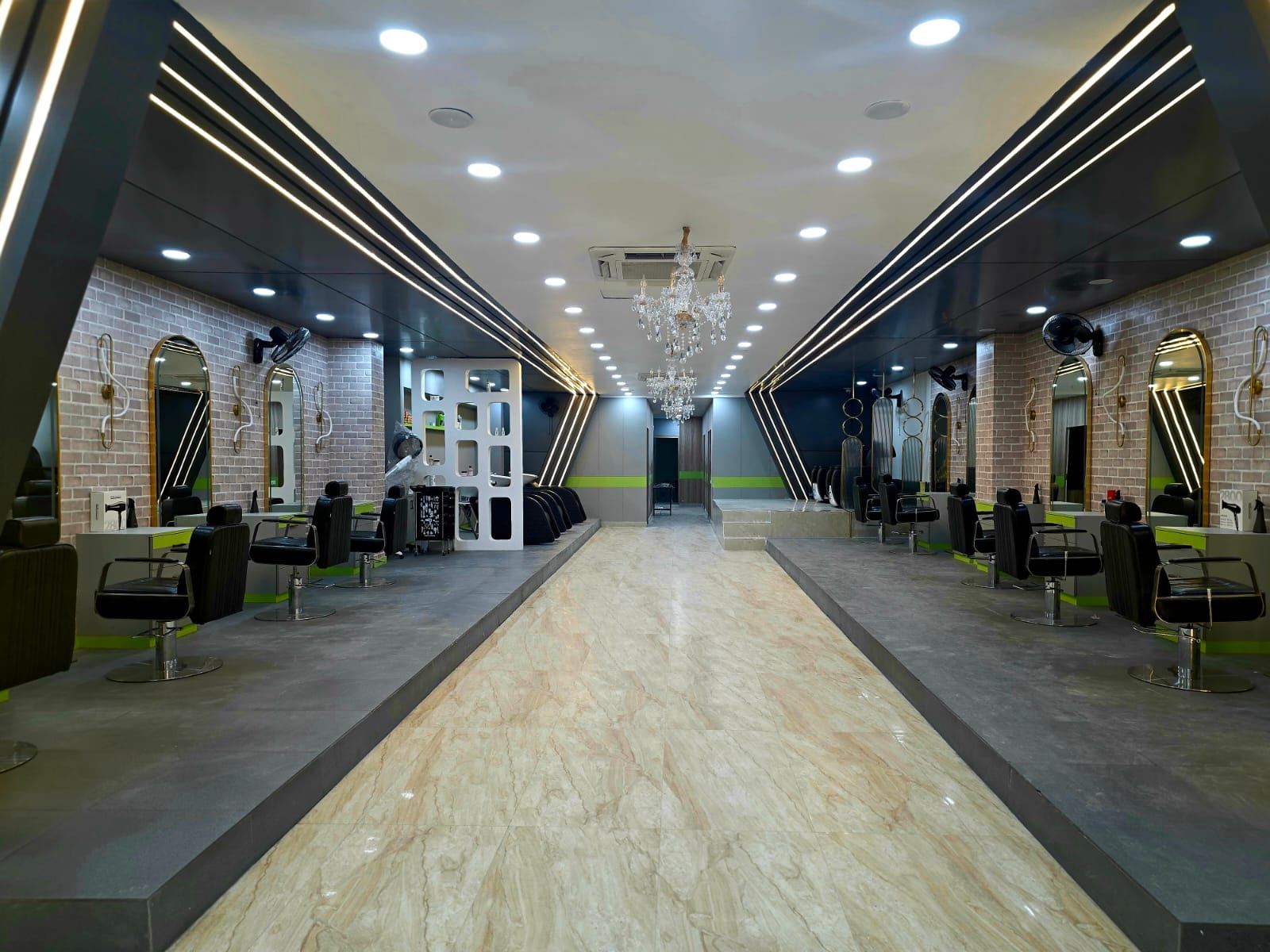 Orane Salon interior — mirrored styling stations along a marble corridor